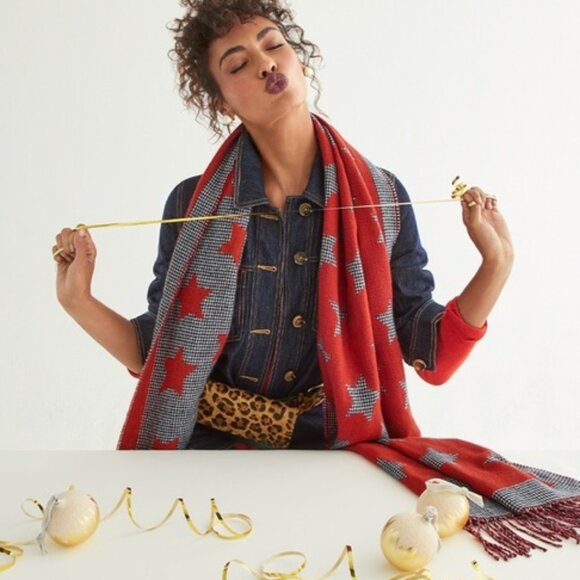 CAbi Reversible "Vega" Blanket Scarf - Black & White Check with Red Stars - Picture 1 of 5